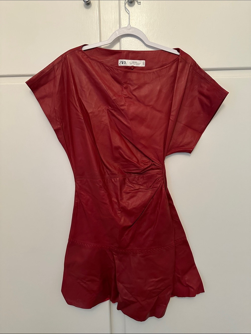 NWT Zara 100% Leather Red Mini Dress Short Cap Sleeves
